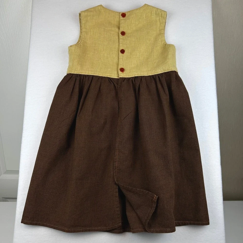 Vintage Style Handmade Apple Embroidered Jumper Dress Brown Tan Check Kids